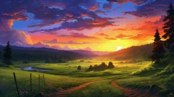 vibrant sunset over rural forest and meadow photo