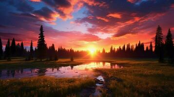 vibrant sunset over rural forest and meadow photo