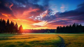 vibrant sunset over rural forest and meadow photo