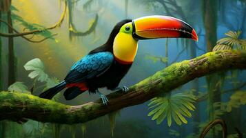 vibrant toucan perching on branch in tropical rainforest photo