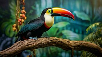 vibrant toucan perching on branch in tropical rainforest photo