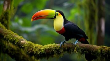 vibrant toucan perching on branch in tropical rainforest photo