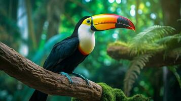 vibrant toucan perching on branch in tropical rainforest photo