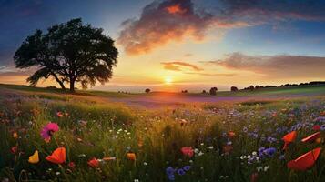 vibrant wildflower meadow in non urban landscape at dawn photo
