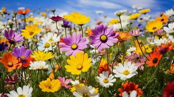 vibrant wildflower meadow in summer with yellow and purple photo