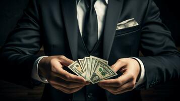 well dressed businessman holding currency with confidence photo