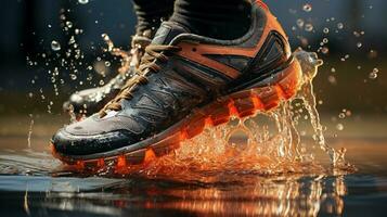 mojado Deportes Zapatos reflejar activo estilo de vida en naturaleza foto