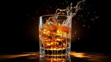 whisky en hielo en brillante vaso movimiento foto