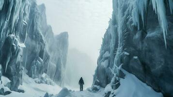 invierno excursionismo aventuras en majestuoso congelado foto