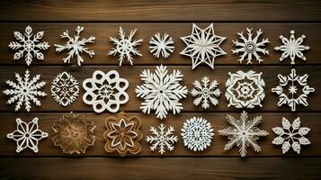 winter shapes ornate snowflake decor on wood background photo