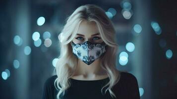 woman looking at camera wearing fecemask photo