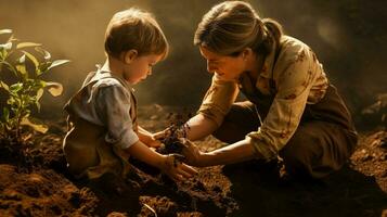 mujer y niño plantando planta de semillero en suciedad foto