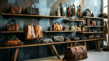 wooden shelves display leather fashion collection photo
