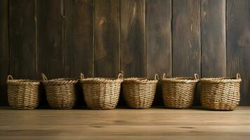 tejido Paja cesta en un fila en antiguo pasado de moda de madera piso foto