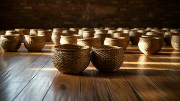 woven straw basket in a row on old fashioned wooden floor photo