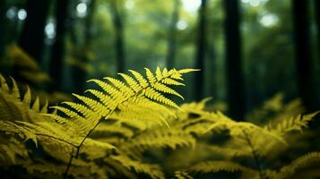 yellow autumn fern branches in green forest photo