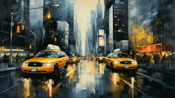 yellow taxis rush through city streets at twilight photo