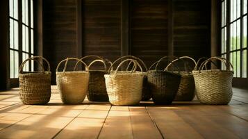 woven straw basket in a row on old fashioned wooden floor photo