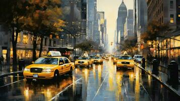 yellow taxis rush through city streets at twilight photo