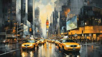 yellow taxis rush through city streets at twilight photo