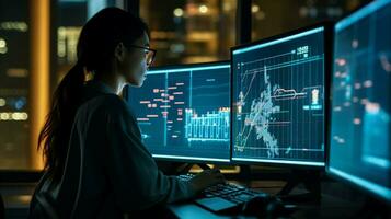young adult analyzing data on illuminated computer photo