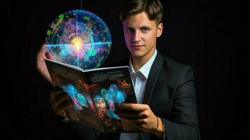 young adult businessman holding a holographic chart photo