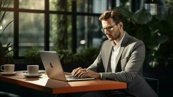 young adult businessman sitting at desk typing photo