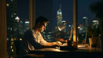 young adult business person working late listening photo