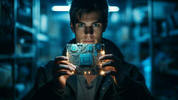 young adult engineer holding soldered computer chip photo