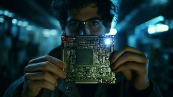 young adult engineer holding soldered computer chip photo