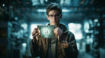 young adult engineer holding soldered computer chip photo