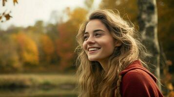 joven adulto niña en naturaleza sonrisas con confianza foto