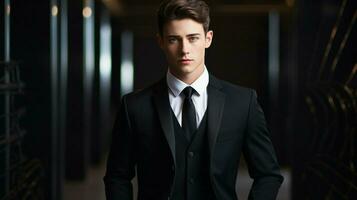 young adult fashion model in black suit photo
