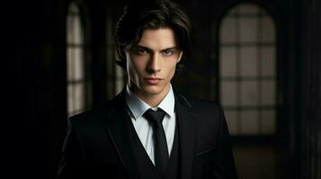 young adult fashion model in black suit photo