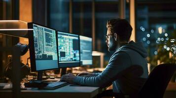 young adult programmer typing on computer at office photo