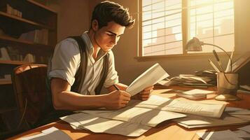 young adult sitting at desk studying paper photo