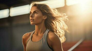 joven adulto mujer hacer ejercicio al aire libre en Deportes ropa foto