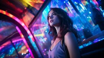 young adult woman illuminated by colorful nightlife photo