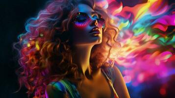 young adult woman illuminated by colorful nightlife photo