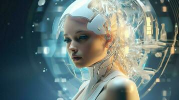 young adult woman futuristic portrait shines sensuality photo