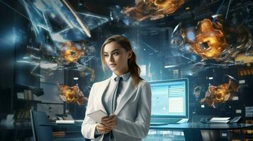 young adult woman in futuristic office technology photo