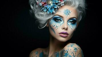 joven adulto mujer con creativo maquillaje y glamour foto