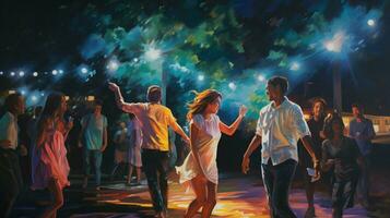 young adults dance in illuminated outdoor celebration photo