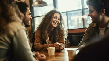 young adults enjoying coffee and conversation together photo