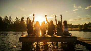 joven adultos disfrutando un puesta de sol en un de madera embarcadero juntos foto