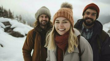 young adults in warm clothing smiling looking at camera photo