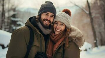 young adults in warm clothing smiling looking at camera photo