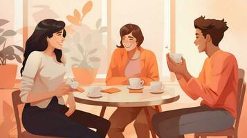 young adults enjoying coffee and conversation together photo