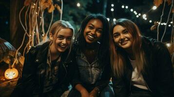 young adults smiling looking at camera outdoors in spooky photo