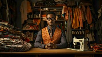 young african tailor standing with sewing equipment photo